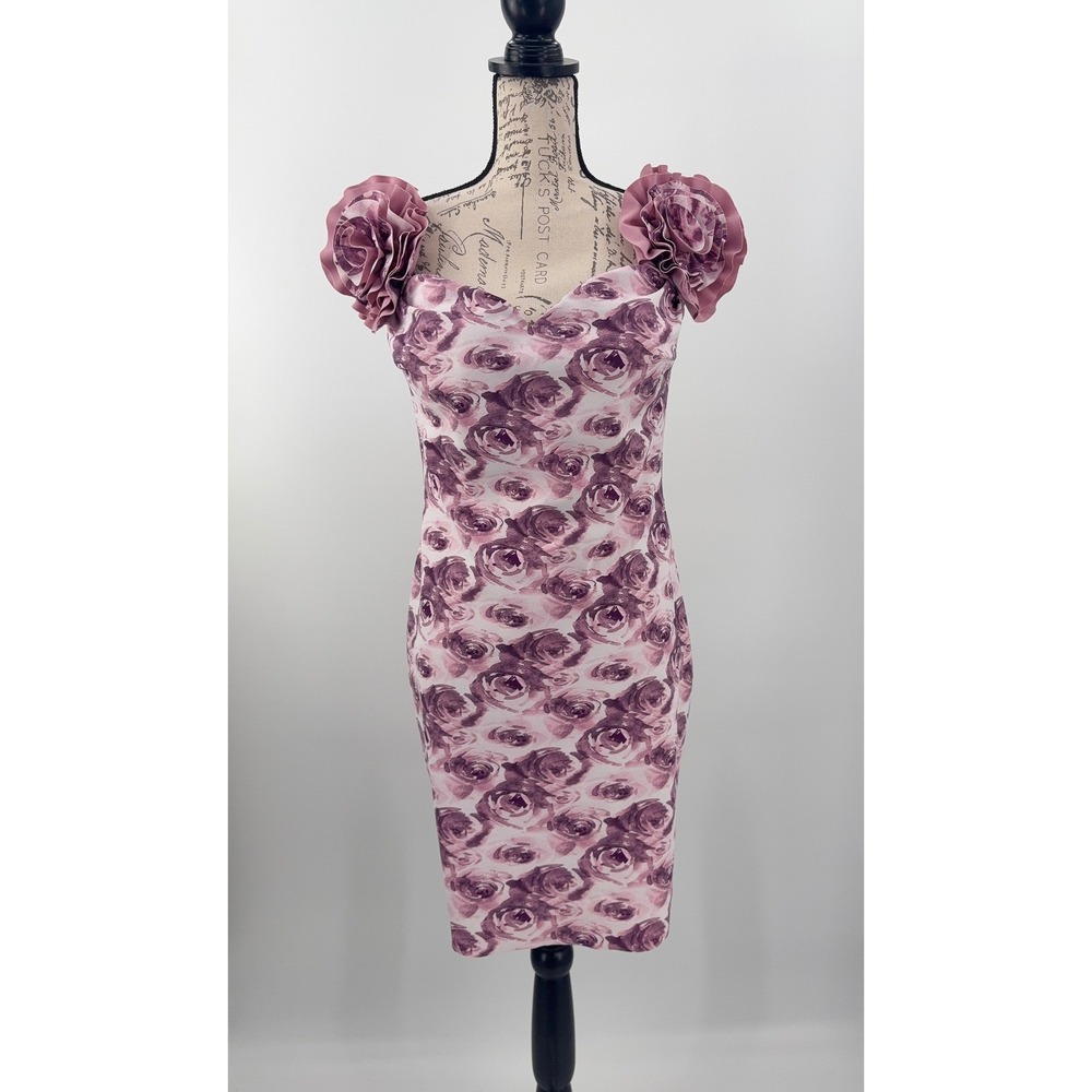 B44‎ Chiara Boni Sweetheart Sheath Mini Dress L Purple Floral Cocktail Wedding